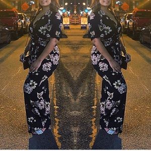 Trixxi Black Floral 3/4 Sleeve VNeck Wrap Jumpsuit
